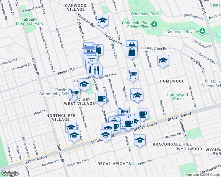 map of restaurants, bars, coffee shops, grocery stores, and more near 80 Roseneath Gardens in Toronto