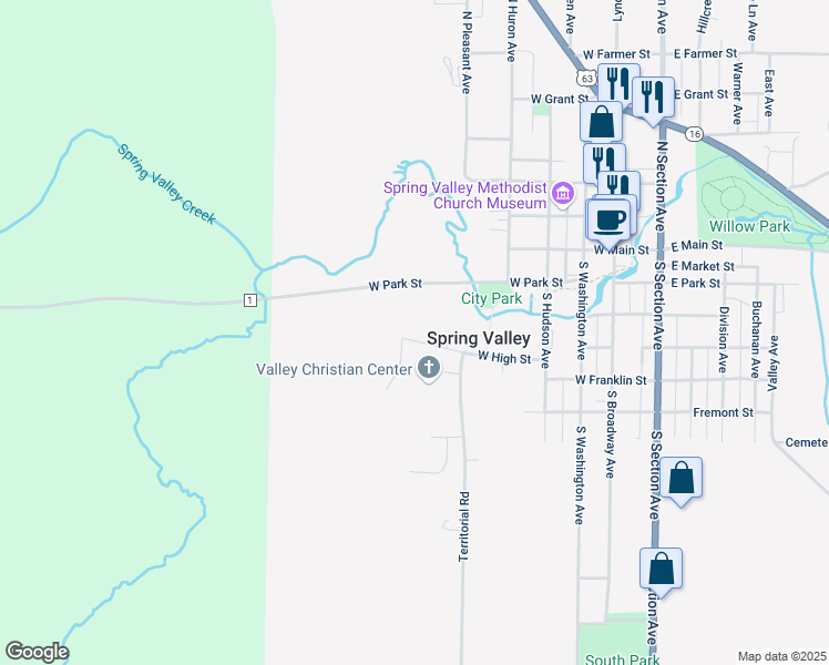 map of restaurants, bars, coffee shops, grocery stores, and more near 525 West High Street in Spring Valley