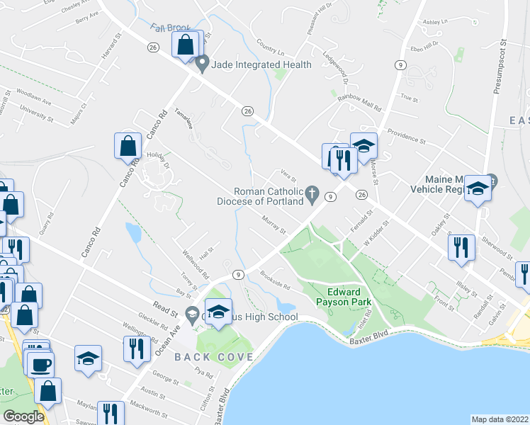 map of restaurants, bars, coffee shops, grocery stores, and more near 45 Murray Street in Portland