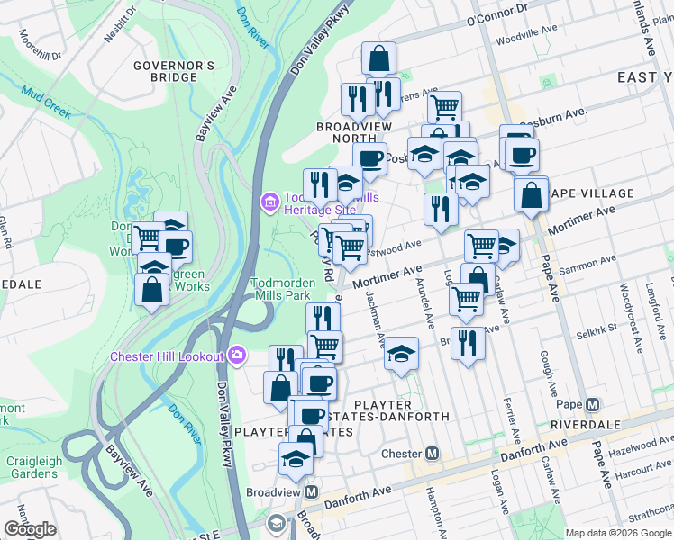 map of restaurants, bars, coffee shops, grocery stores, and more near 1048 Broadview Avenue in Toronto