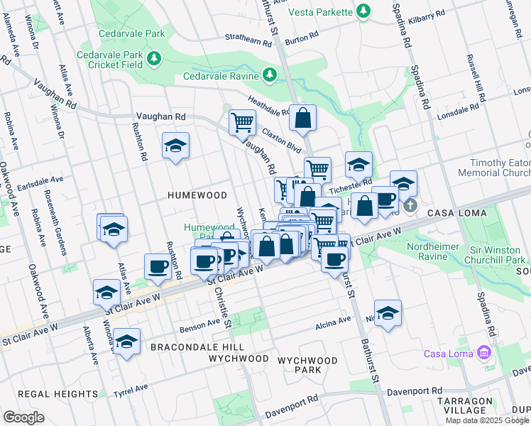 map of restaurants, bars, coffee shops, grocery stores, and more near 63 Kenwood Avenue in Toronto