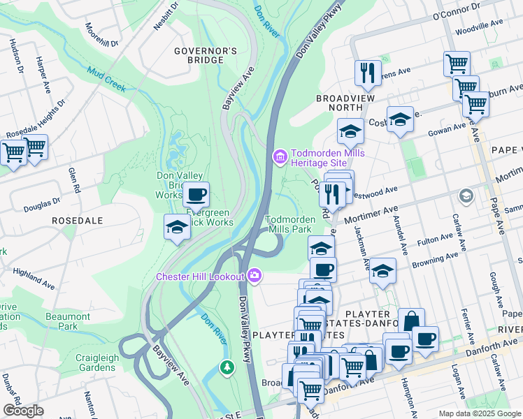 map of restaurants, bars, coffee shops, grocery stores, and more near Don Valley Parkway in Toronto