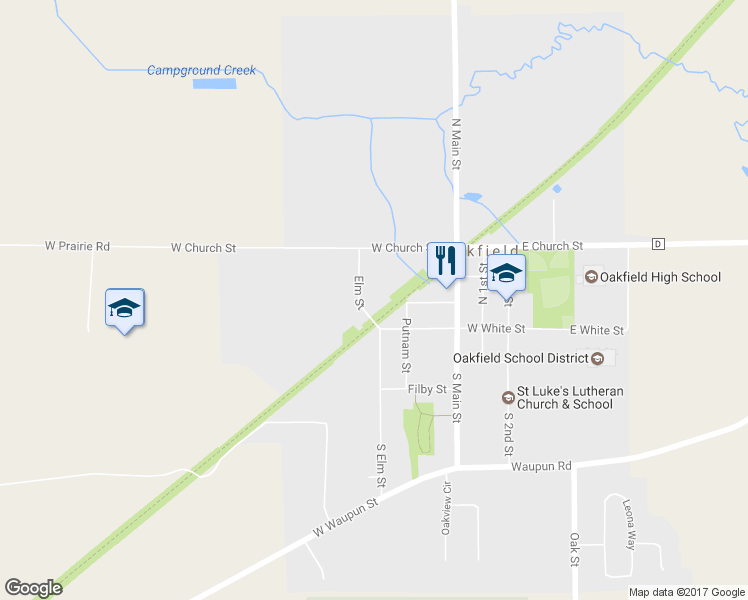 map of restaurants, bars, coffee shops, grocery stores, and more near 115 Elm Street in Oakfield