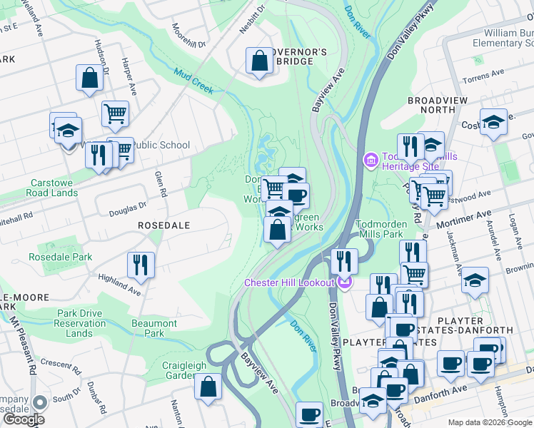 map of restaurants, bars, coffee shops, grocery stores, and more near 550 Bayview Avenue in Toronto