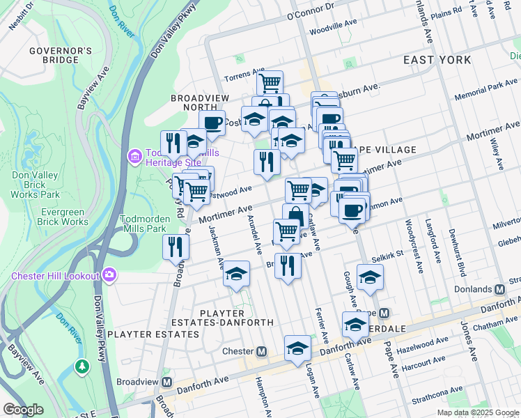 map of restaurants, bars, coffee shops, grocery stores, and more near 87 Mortimer Avenue in Toronto