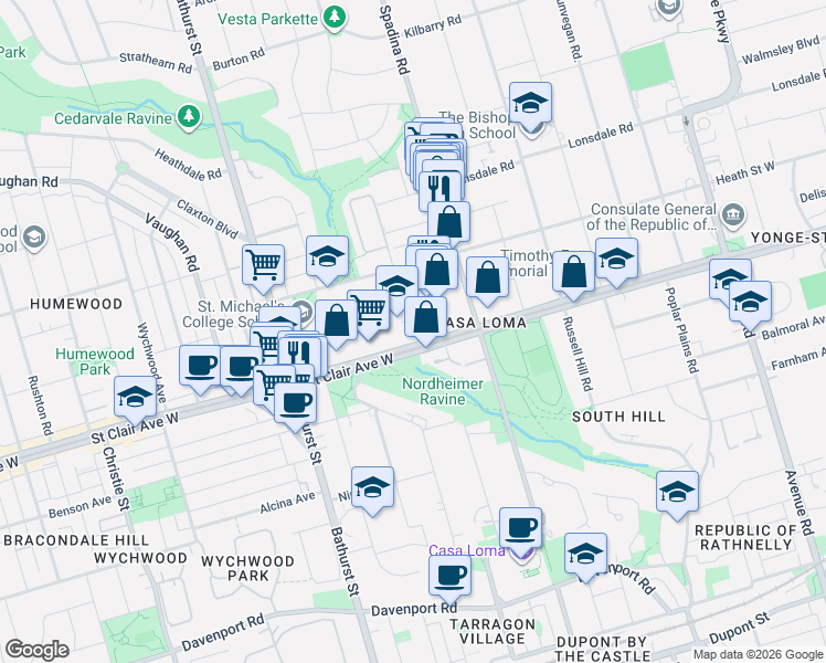 map of restaurants, bars, coffee shops, grocery stores, and more near 310 Tweedsmuir Avenue in Toronto