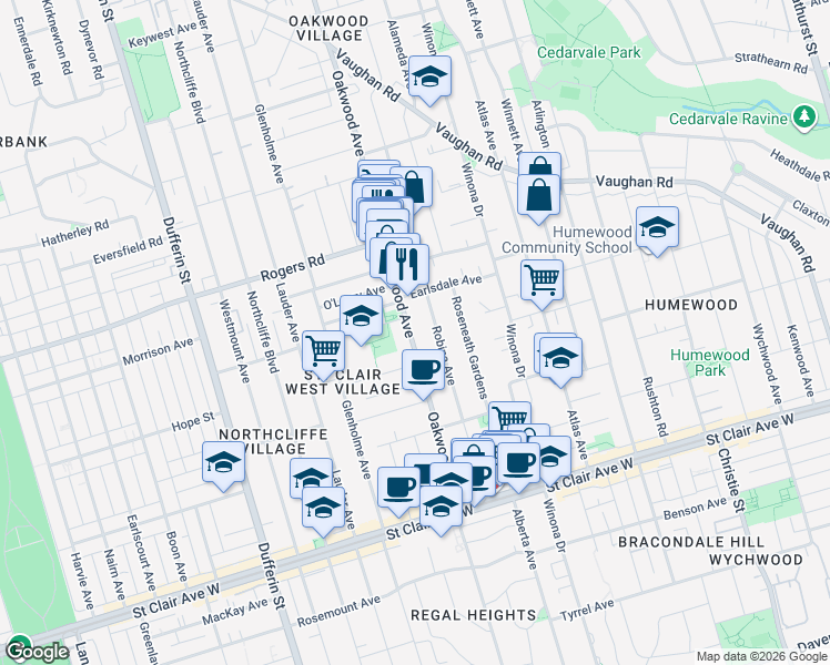 map of restaurants, bars, coffee shops, grocery stores, and more near 285 Oakwood Avenue in Toronto