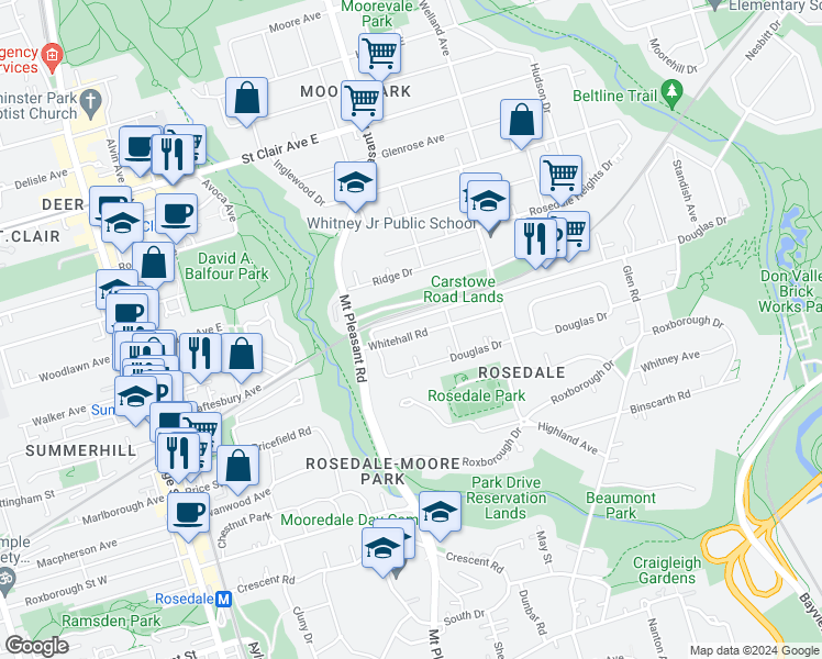 map of restaurants, bars, coffee shops, grocery stores, and more near 30 Whitehall Road in Toronto