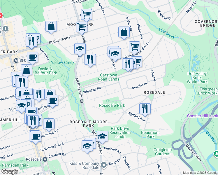 map of restaurants, bars, coffee shops, grocery stores, and more near 81 Whitehall Road in Toronto