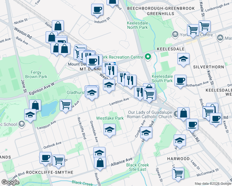 map of restaurants, bars, coffee shops, grocery stores, and more near 11 Dennis Avenue in Toronto