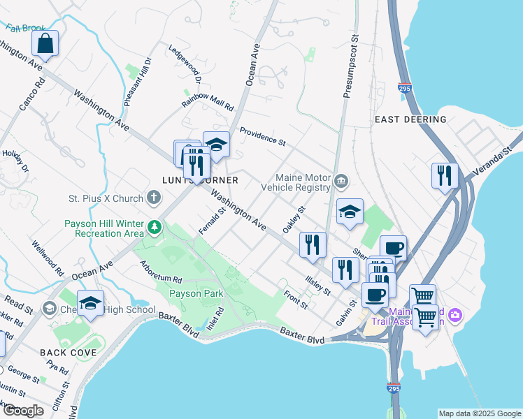 map of restaurants, bars, coffee shops, grocery stores, and more near 16 Inverness Street in Portland