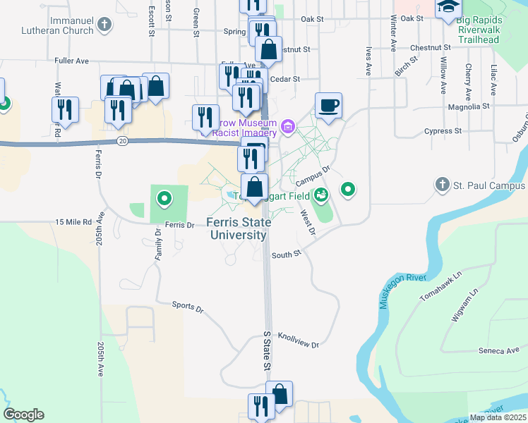 map of restaurants, bars, coffee shops, grocery stores, and more near 1201-1327 South State Street in Big Rapids