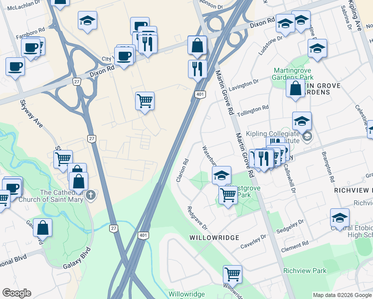 map of restaurants, bars, coffee shops, grocery stores, and more near 24 Clarion Road in Toronto