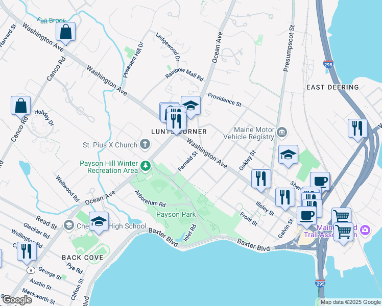 map of restaurants, bars, coffee shops, grocery stores, and more near 3 Lynda Road in Portland