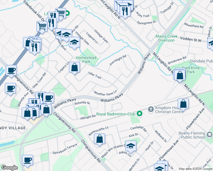 map of restaurants, bars, coffee shops, grocery stores, and more near 15 Binder Twine Trail in Brampton