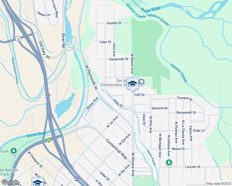 map of restaurants, bars, coffee shops, grocery stores, and more near 1505 Taft Street in Caldwell