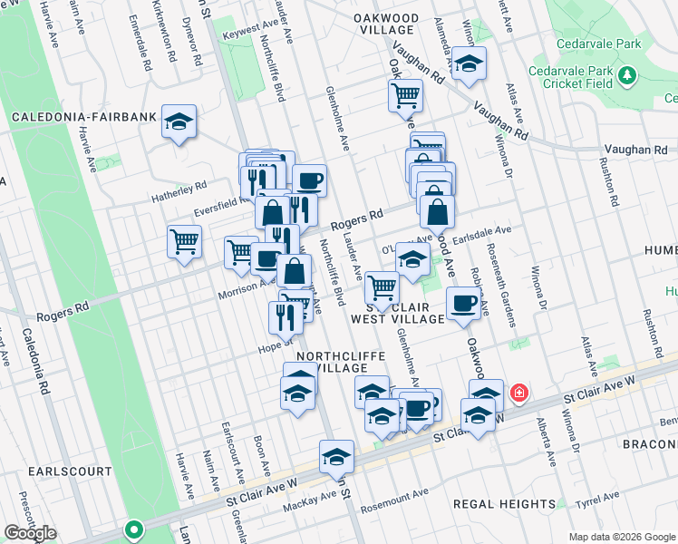 map of restaurants, bars, coffee shops, grocery stores, and more near 345B Northcliffe Boulevard in Toronto