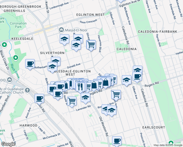 map of restaurants, bars, coffee shops, grocery stores, and more near 104 Aileen Avenue in Toronto