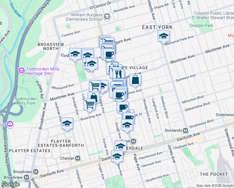 map of restaurants, bars, coffee shops, grocery stores, and more near 866 Pape Avenue in Toronto