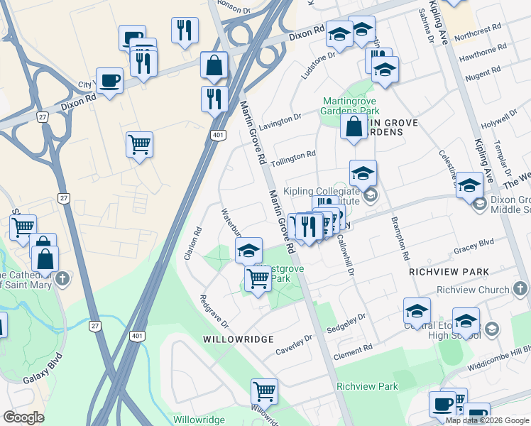 map of restaurants, bars, coffee shops, grocery stores, and more near 58 Dunsany Crescent in Toronto