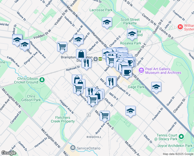 map of restaurants, bars, coffee shops, grocery stores, and more near in Brampton
