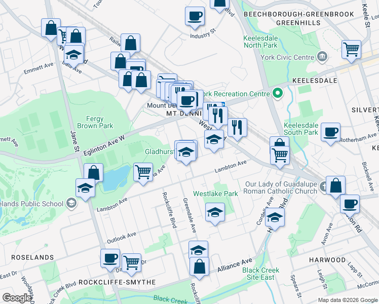 map of restaurants, bars, coffee shops, grocery stores, and more near 87 Guestville Avenue in Toronto