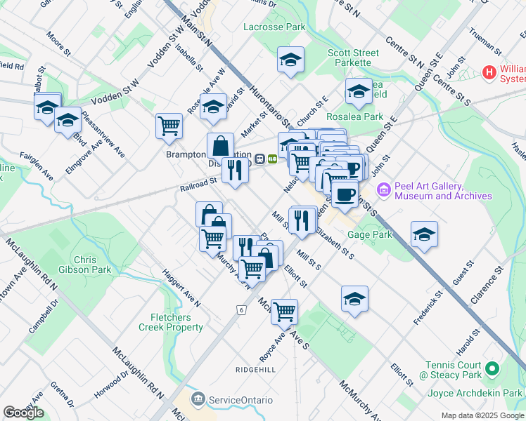 map of restaurants, bars, coffee shops, grocery stores, and more near 50 Nelson Street West in Brampton