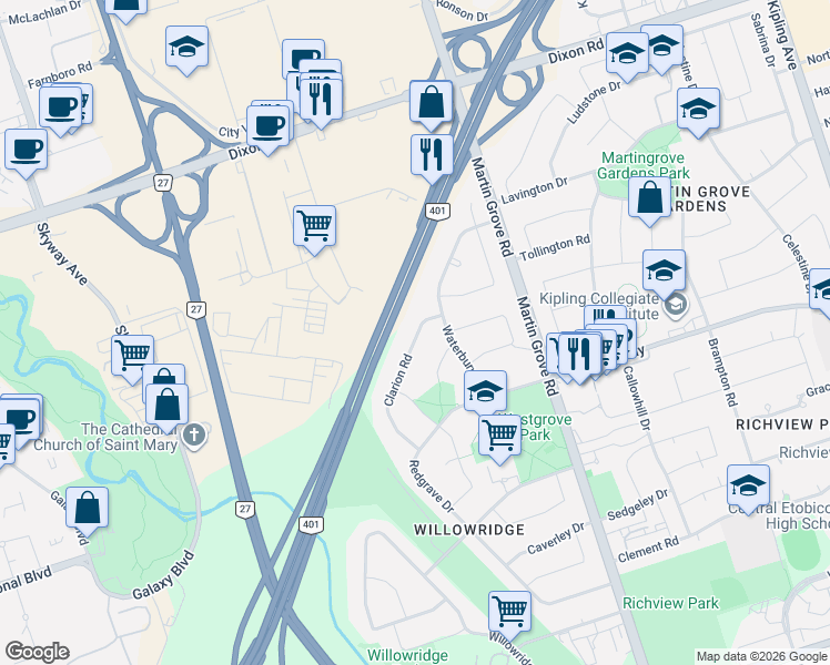 map of restaurants, bars, coffee shops, grocery stores, and more near 24 Clarion Road in Toronto