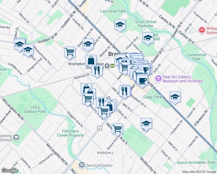 map of restaurants, bars, coffee shops, grocery stores, and more near 50 Nelson Street West in Brampton