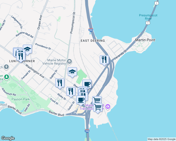 map of restaurants, bars, coffee shops, grocery stores, and more near 50 Hodgins Street in Portland