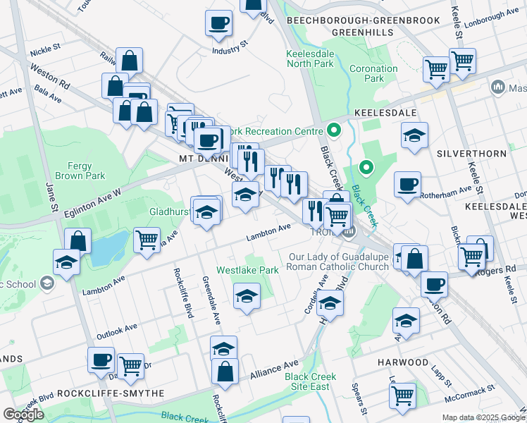 map of restaurants, bars, coffee shops, grocery stores, and more near 9 Dennis Avenue in Toronto