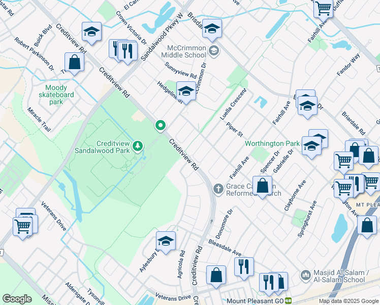 map of restaurants, bars, coffee shops, grocery stores, and more near 140 Aylesbury Drive in Brampton