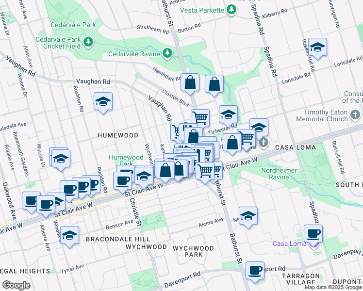 map of restaurants, bars, coffee shops, grocery stores, and more near 125 Vaughan Road in Toronto