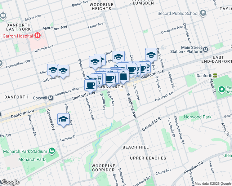 map of restaurants, bars, coffee shops, grocery stores, and more near 98 Moberly Avenue in Toronto