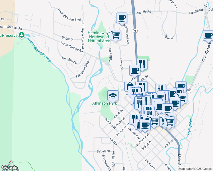 map of restaurants, bars, coffee shops, grocery stores, and more near 101 Pinevue Lane in Ketchum