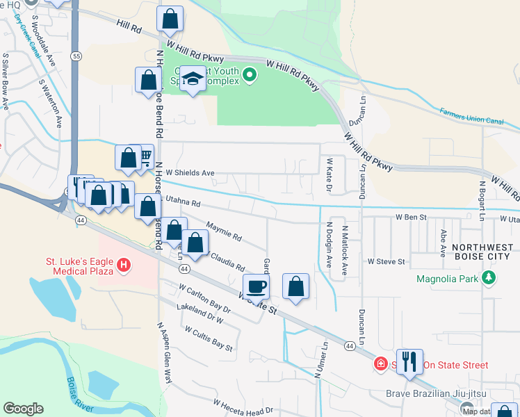 map of restaurants, bars, coffee shops, grocery stores, and more near 10028 Utahna Road in Boise