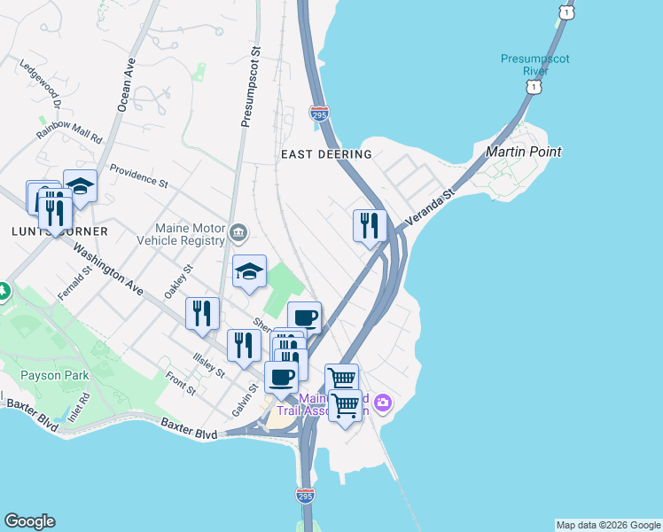map of restaurants, bars, coffee shops, grocery stores, and more near 33 Hodgins Street in Portland