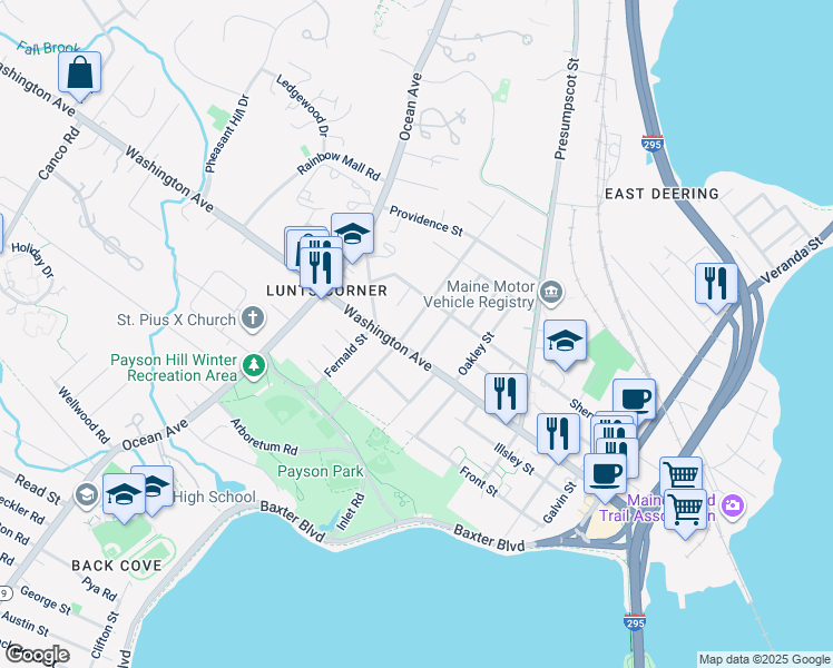 map of restaurants, bars, coffee shops, grocery stores, and more near 16 Inverness Street in Portland