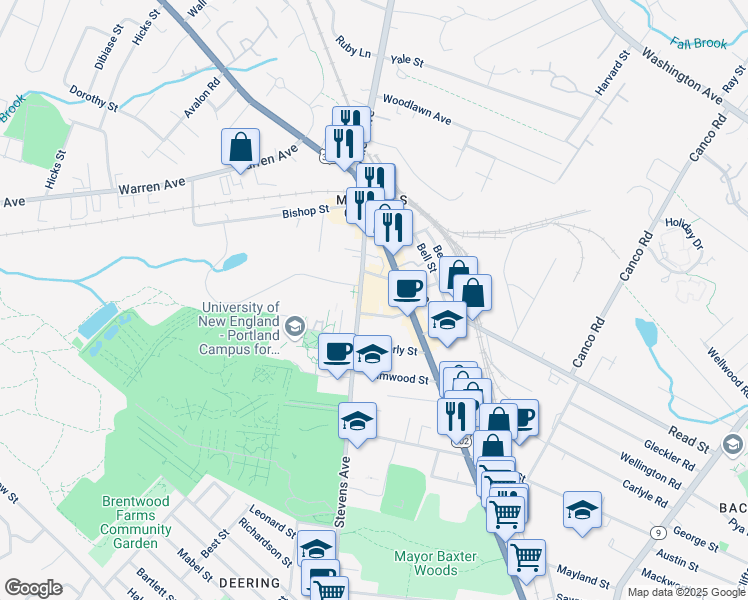 map of restaurants, bars, coffee shops, grocery stores, and more near 777 Stevens Avenue in Portland