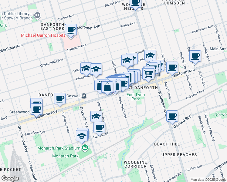 map of restaurants, bars, coffee shops, grocery stores, and more near in Toronto