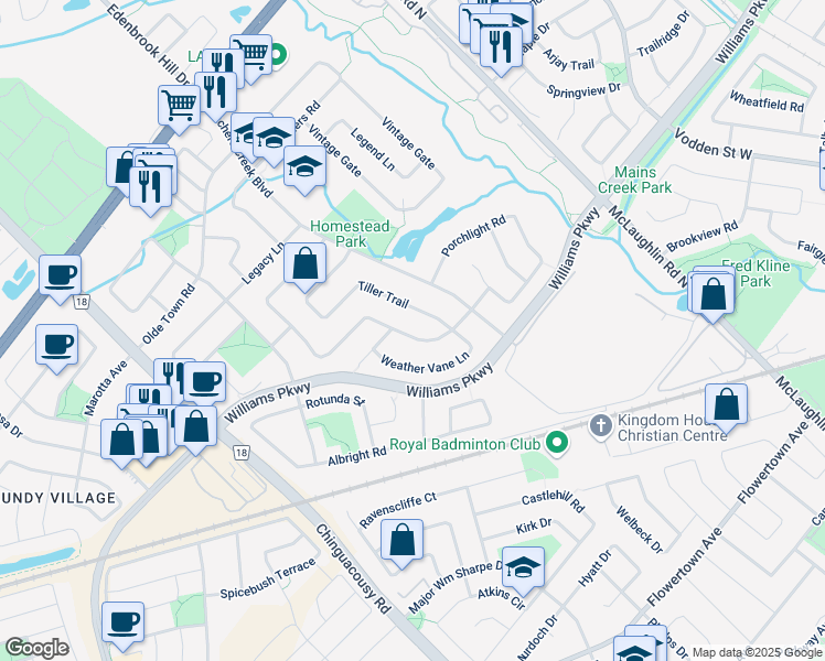 map of restaurants, bars, coffee shops, grocery stores, and more near 15 Binder Twine Trail in Brampton
