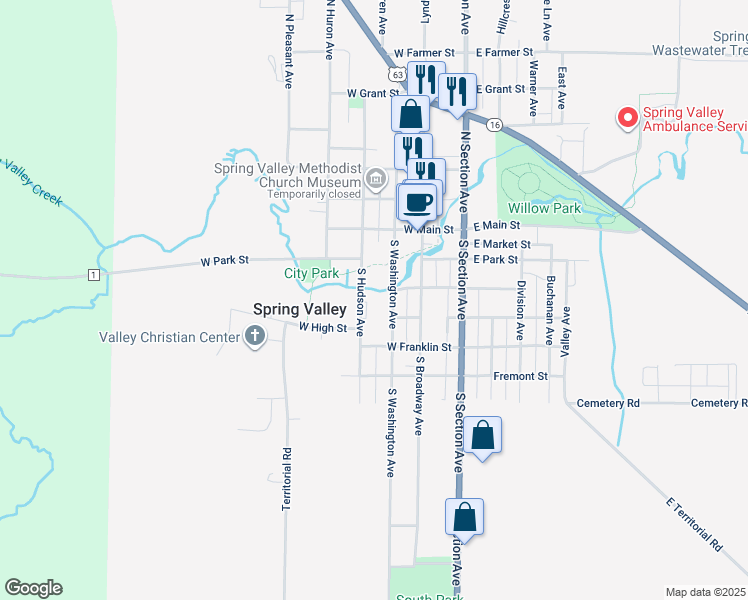map of restaurants, bars, coffee shops, grocery stores, and more near 408 South Washington Avenue in Spring Valley