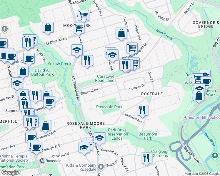 map of restaurants, bars, coffee shops, grocery stores, and more near 89 Whitehall Road in Toronto