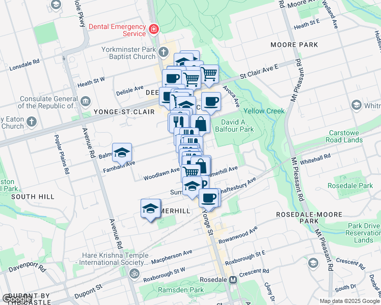 map of restaurants, bars, coffee shops, grocery stores, and more near 1303 Yonge Street in Toronto