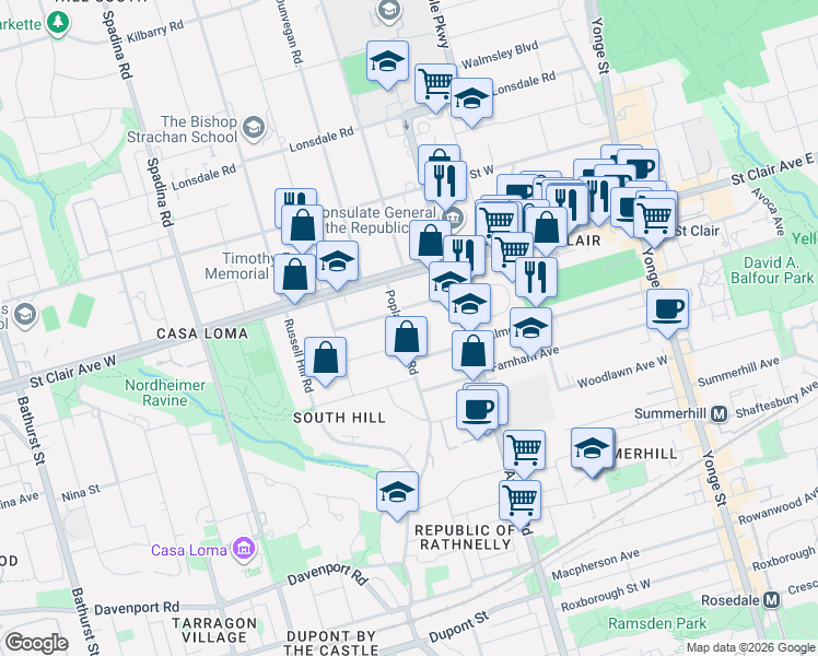 map of restaurants, bars, coffee shops, grocery stores, and more near 241 Poplar Plains Road in Toronto