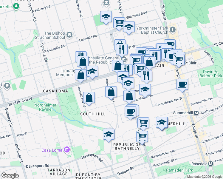 map of restaurants, bars, coffee shops, grocery stores, and more near 194 Balmoral Avenue in Toronto