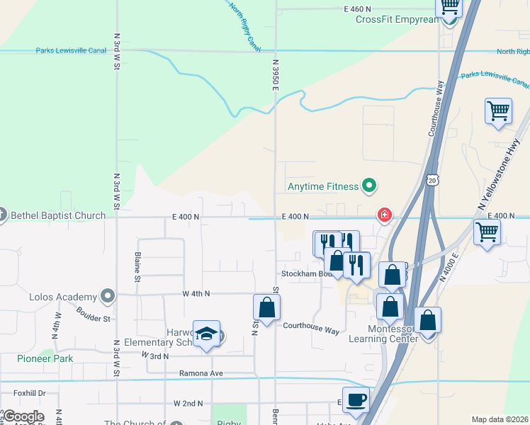 map of restaurants, bars, coffee shops, grocery stores, and more near 3940-3948 East 400 North in Rigby