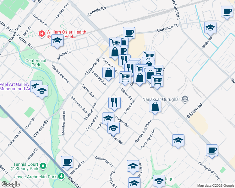 map of restaurants, bars, coffee shops, grocery stores, and more near in Brampton