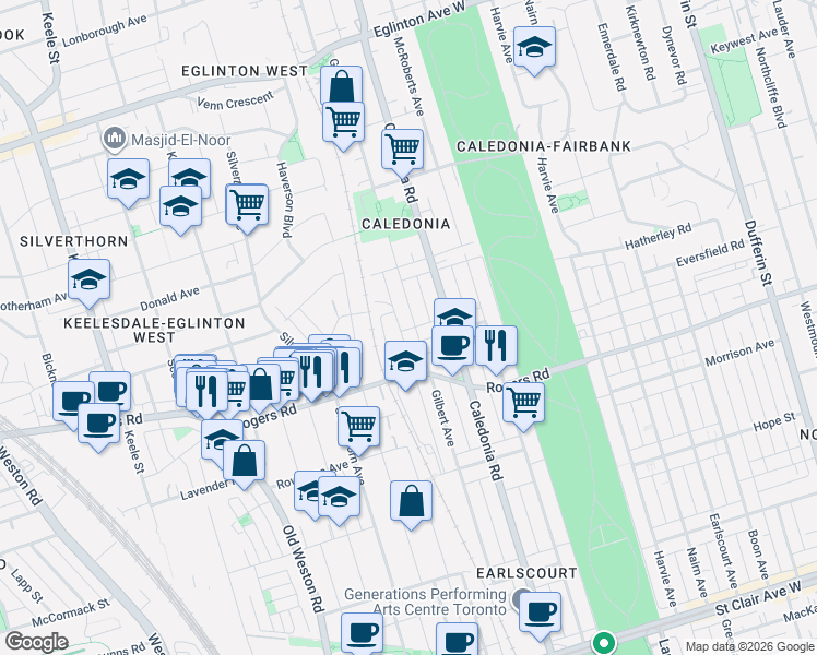 map of restaurants, bars, coffee shops, grocery stores, and more near 286 Gilbert Avenue in Toronto