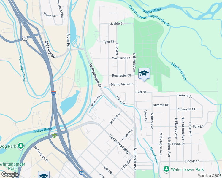 map of restaurants, bars, coffee shops, grocery stores, and more near 320 West Plymouth Street in Caldwell